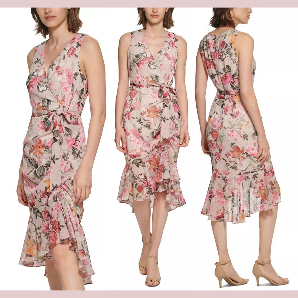 NWT Eliza J [ 12 ] Sleeveless Floral Ruched‎ Chiffon Faux Wrap Dress Pink #U1186
